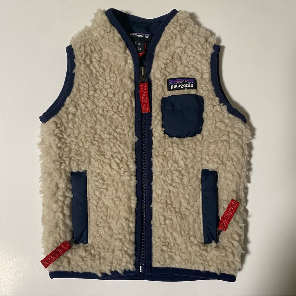 Patagonia Cream Sherpa Vest with Navy Trim and Red Zipper Pulls
